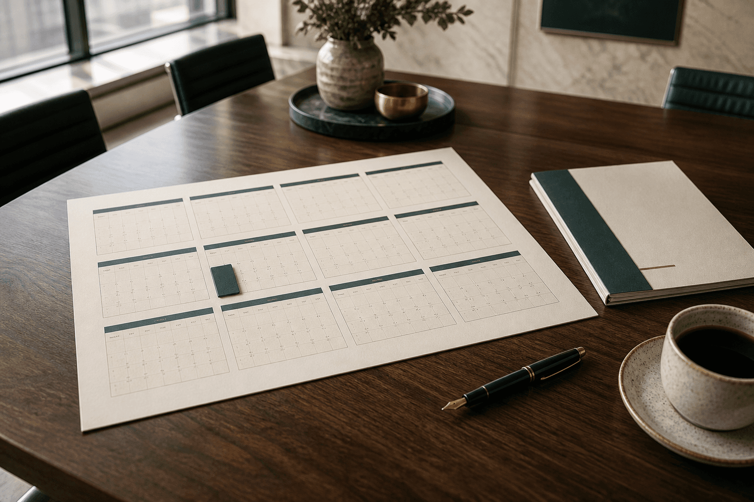 A printed twelve-month wall planner beside a board agenda and a fountain pen on a boardroom table in soft daylight