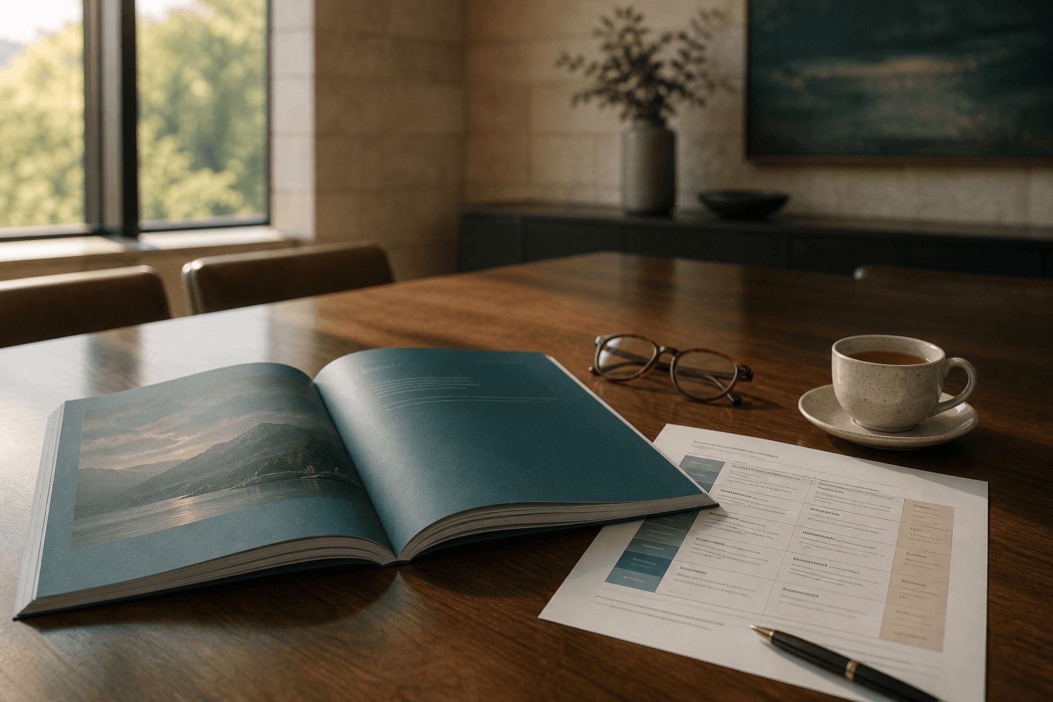 A bound board review report and printed action plan resting on a boardroom table beside reading glasses and a cup of tea in morning light